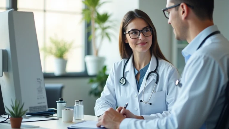 Professional healthcare provider in modern clinic office with computer, patient consultation setup, bright natural lighting, medical equipment visible, welcoming environment, no text