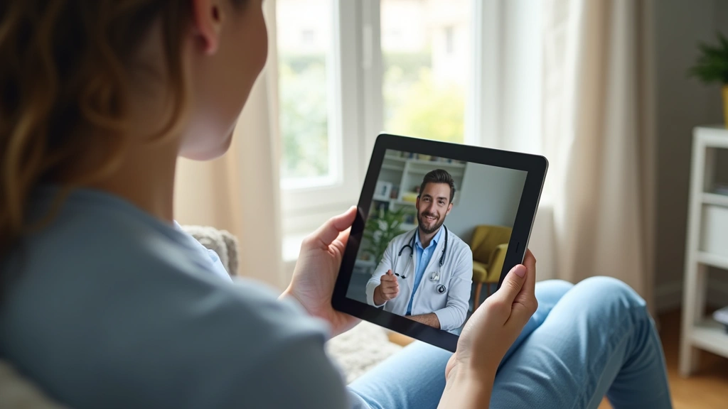 Patient using smartphone or tablet at home for telehealth video call with doctor, comfortable setting, natural daylight throu