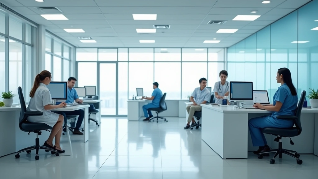 Medical office reception area with computer workstations, healthcare staff at desks, modern clinic interior design, professio