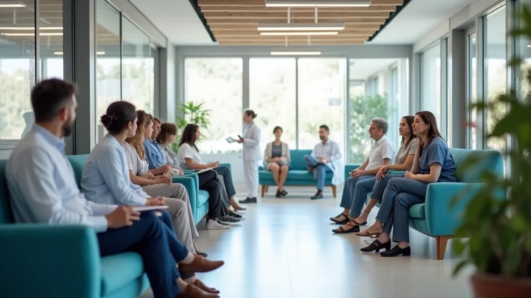 Professional medical clinic reception area with diverse patients waiting, modern healthcare facility interior, welcoming community health center environment, no text visible