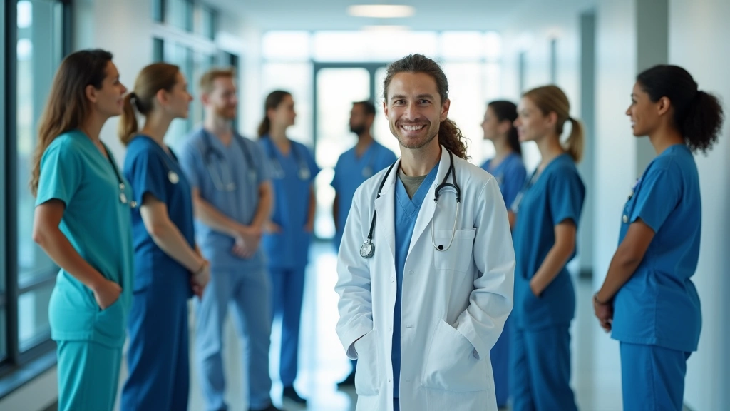 Diverse group of healthcare professionals including doctors and nurses in modern clinic hallway, collaborative medical team e