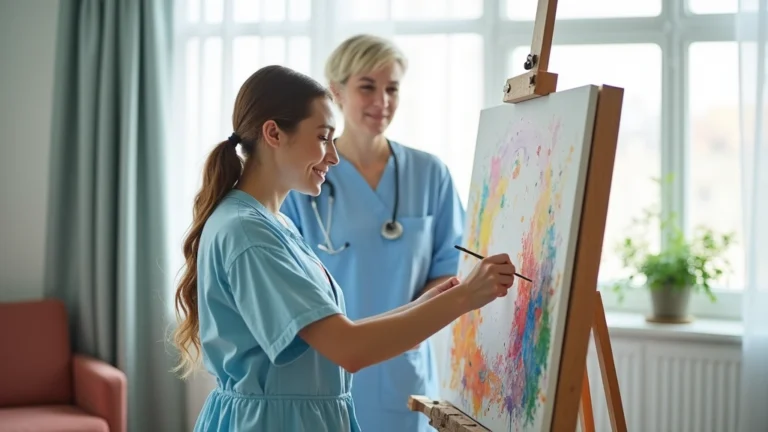 Patient in hospital gown painting on canvas in bright, modern art therapy room with natural light, therapist observing supportively in background