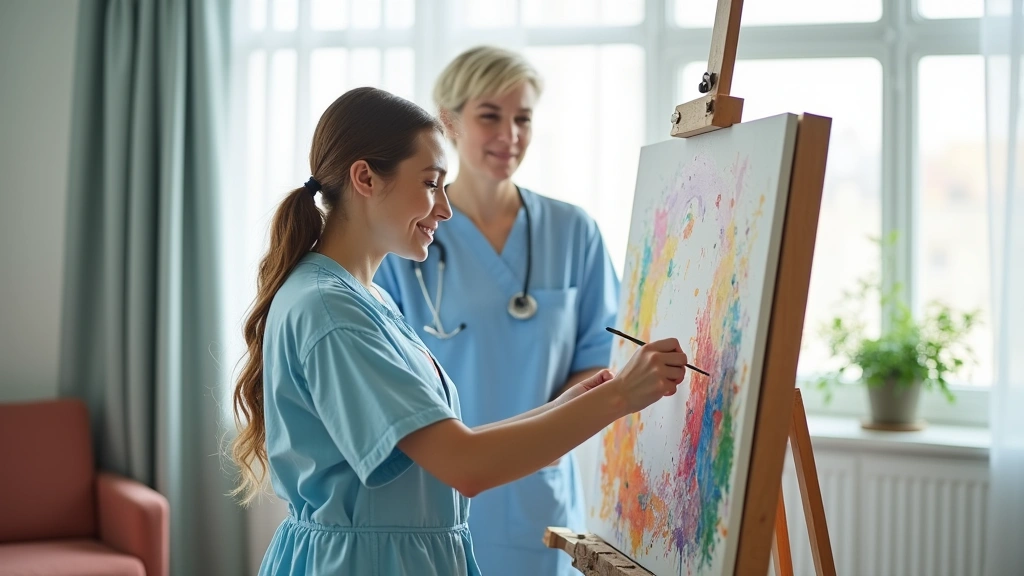 Patient in hospital gown painting on canvas in bright, modern art therapy room with natural light, therapist observing supportively in background