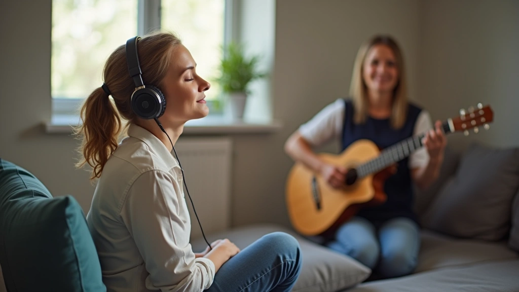 Person with headphones eyes closed during music therapy session in comfortable healthcare setting, peaceful expression, thera