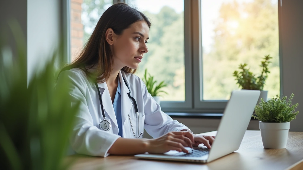 Professional female therapist conducting virtual therapy session on laptop in modern clinical office with plants and natural lighting