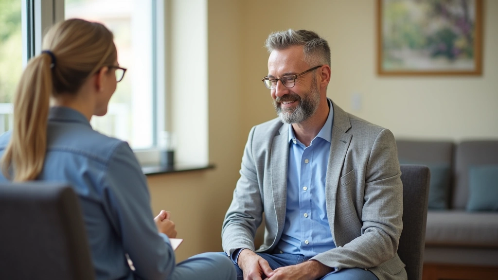 Male patient in inpatient residential mental health facility common area with comfortable seating and therapeutic environment