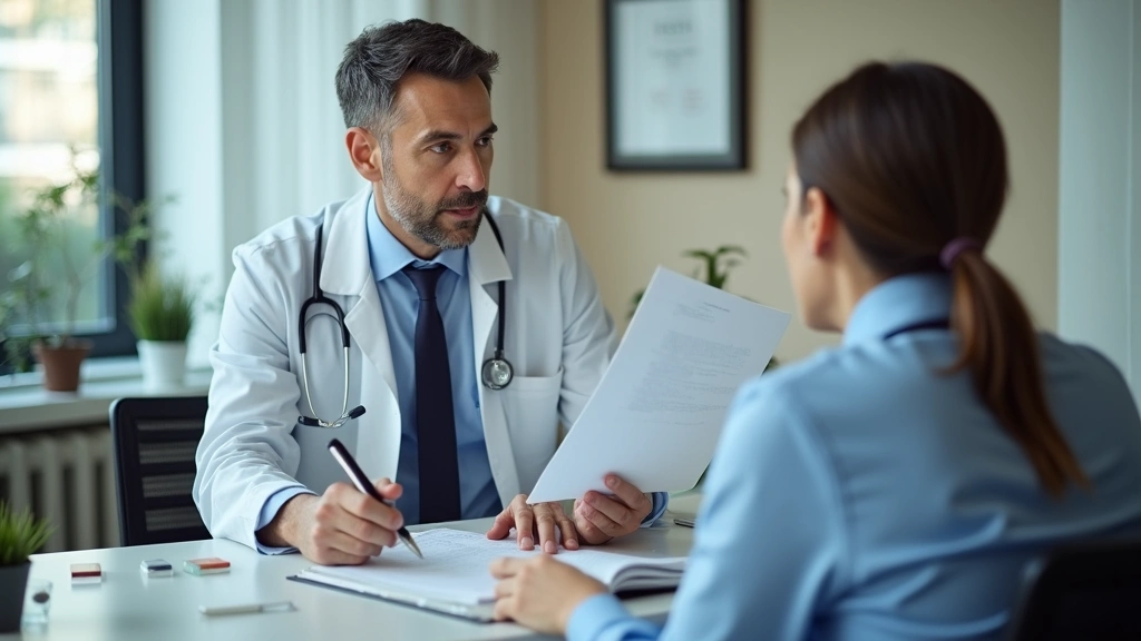 Psychiatrist reviewing treatment plan documentation at desk with computer in contemporary behavioral health clinic setting