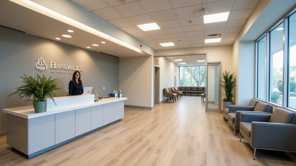 Modern behavioral health facility reception area with welcoming design, comfortable seating, and professional staff at desk