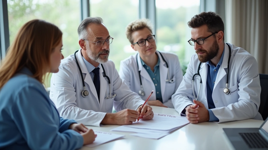 Diverse group of mental health professionals in clinical meeting discussing patient care plans, hospital setting, collaborati