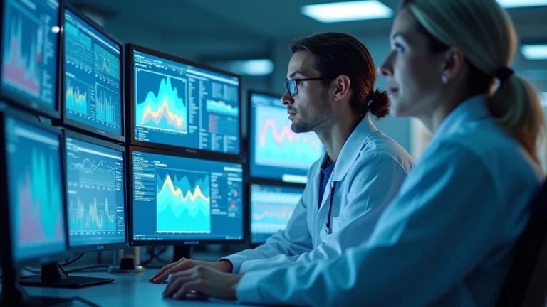 Healthcare professionals analyzing patient data on computer screens in modern medical research facility, multiple monitors showing health analytics dashboards, professional medical setting
