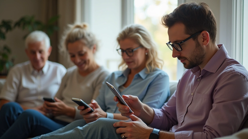 Diverse group of patients using smartphones and wearable devices for health tracking, showing real-time health data synchroni