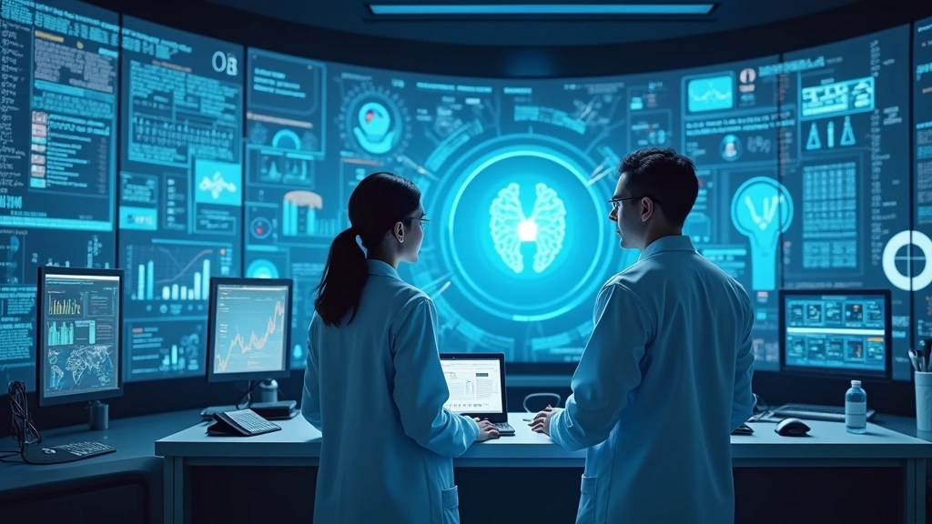 AI-powered medical research laboratory with scientists reviewing large datasets and health patterns on interactive displays, 