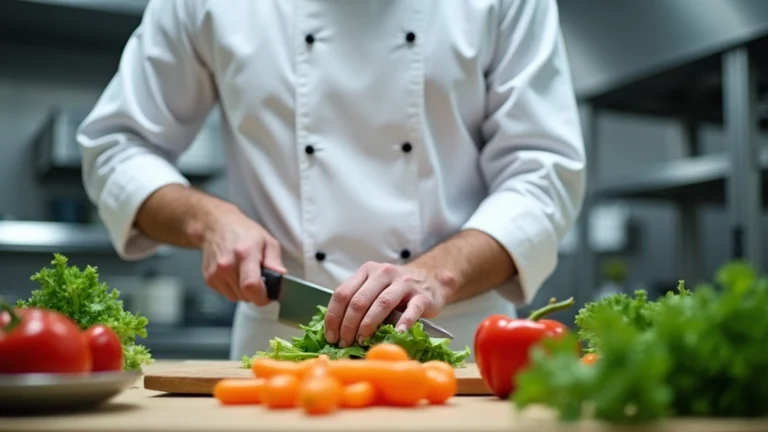 Professional chef demonstrating knife skills with fresh vegetables in modern hospital kitchen, focused on proper cutting technique for nutrient preservation