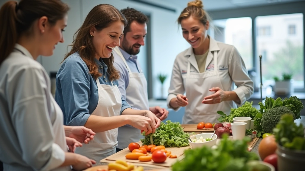 Registered dietitian nutritionist teaching patient group healthy cooking methods, steaming and grilling vegetables in bright 
