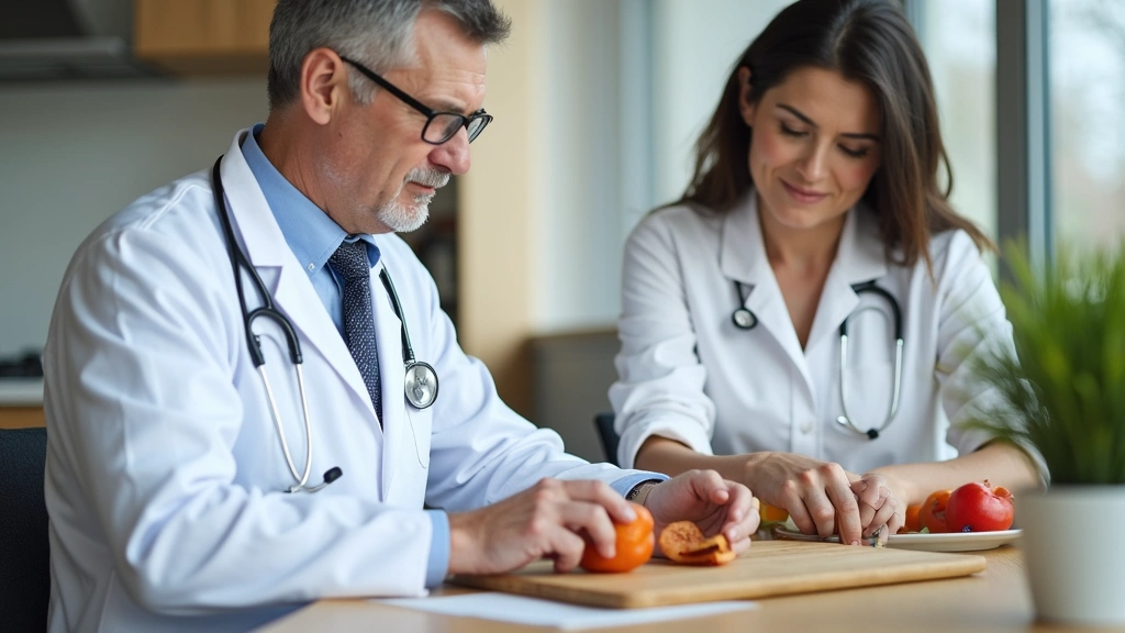 Doctor and culinary health professional collaborating during patient consultation about meal preparation for diabetes managem