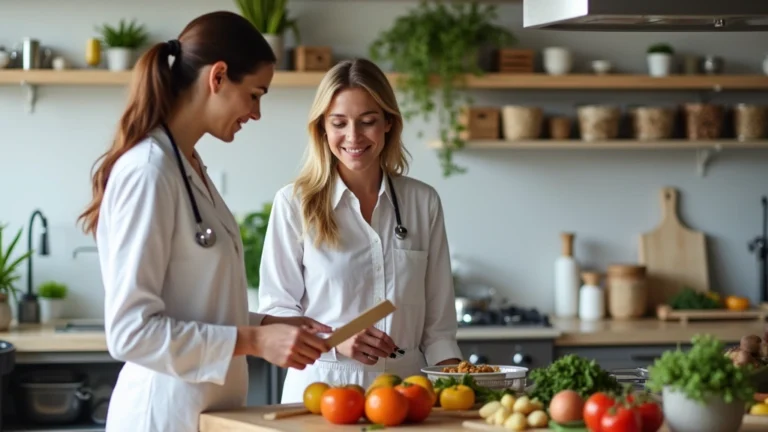 Professional nutritionist consulting with patient in modern wellness clinic kitchen setting, reviewing meal plans and healthy ingredients on counter