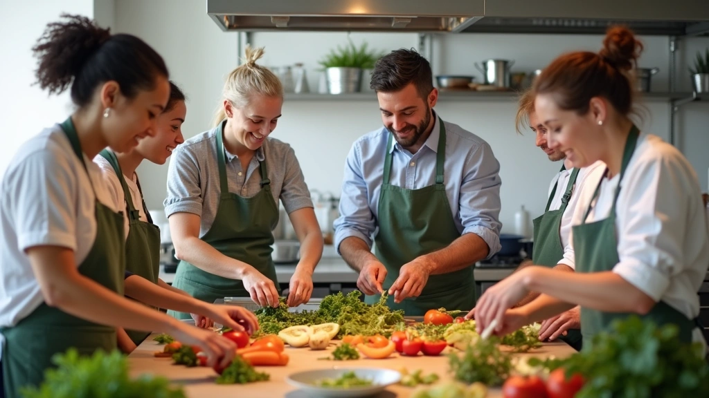 Diverse group of adults in culinary class wearing aprons, preparing fresh vegetables and healthy meals together in bright, mo