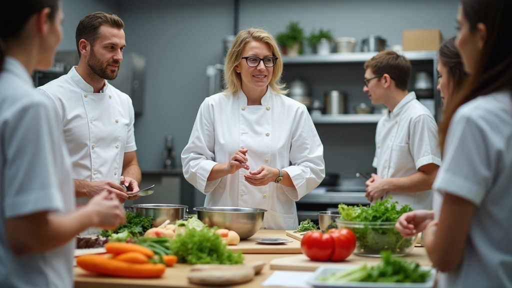 Licensed dietitian nutritionist leading cooking demonstration in professional healthcare kitchen, teaching proper food prepar