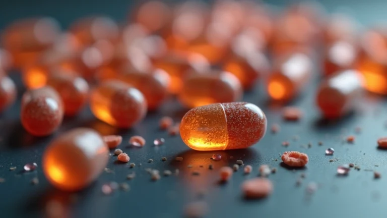 Photorealistic close-up of probiotic capsule next to healthy gut bacteria visualization, professional medical laboratory setting with warm lighting, no text