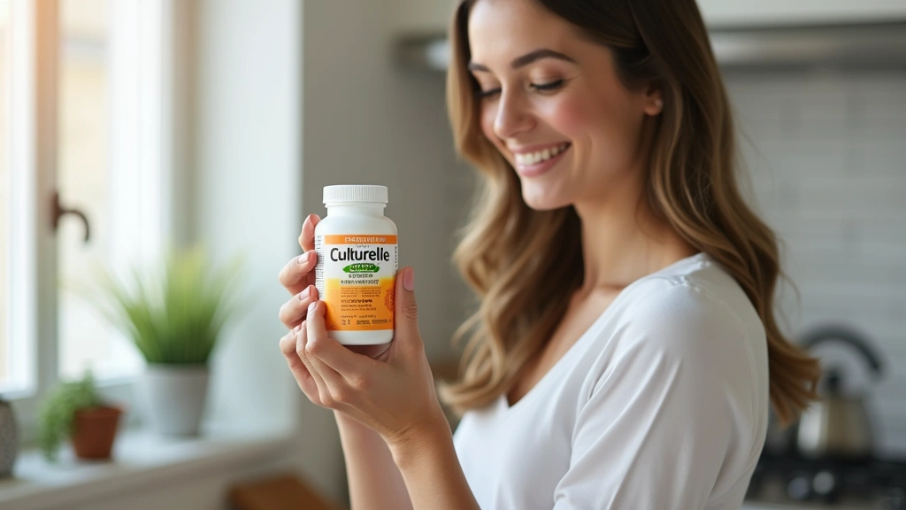 Woman holding Culturelle probiotic bottle in bright modern kitchen, natural daylight, smiling, professional healthcare produc