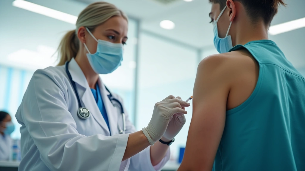 Professional healthcare worker administering immunization to patient in modern county health clinic setting with clean medica