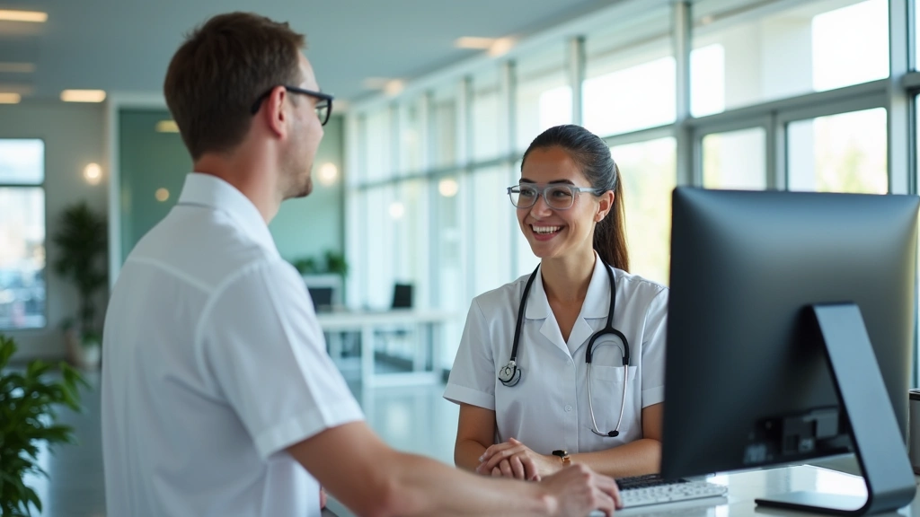 Diverse patient checking in at health department reception desk with friendly staff member at computer workstation in bright