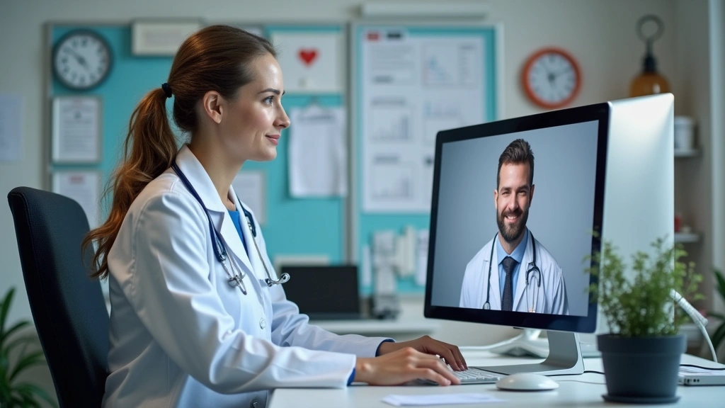 Doctor conducting telehealth virtual appointment on computer screen in professional medical office with medical charts and eq