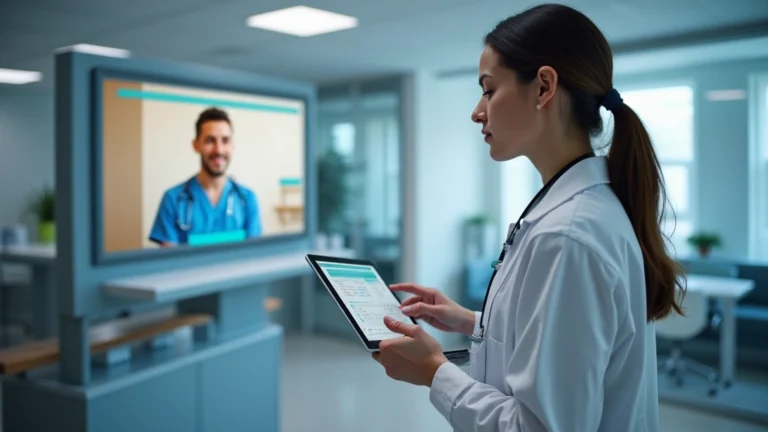 Healthcare provider in white coat conducting virtual consultation on tablet with patient visible on screen in modern clinic setting