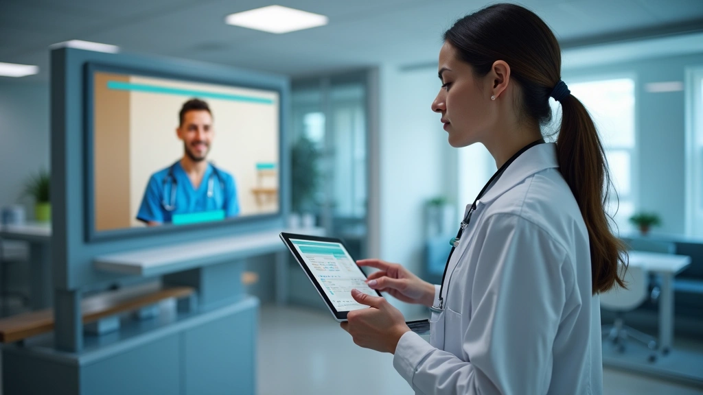 Healthcare provider in white coat conducting virtual consultation on tablet with patient visible on screen in modern clinic setting