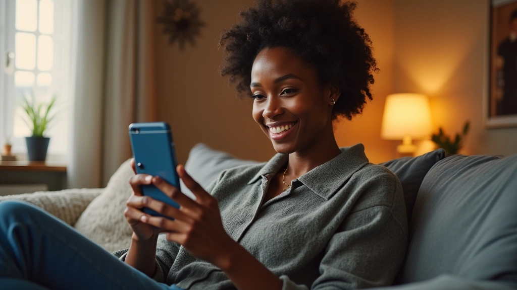 Diverse patient using smartphone app for telehealth appointment in comfortable home environment with warm lighting