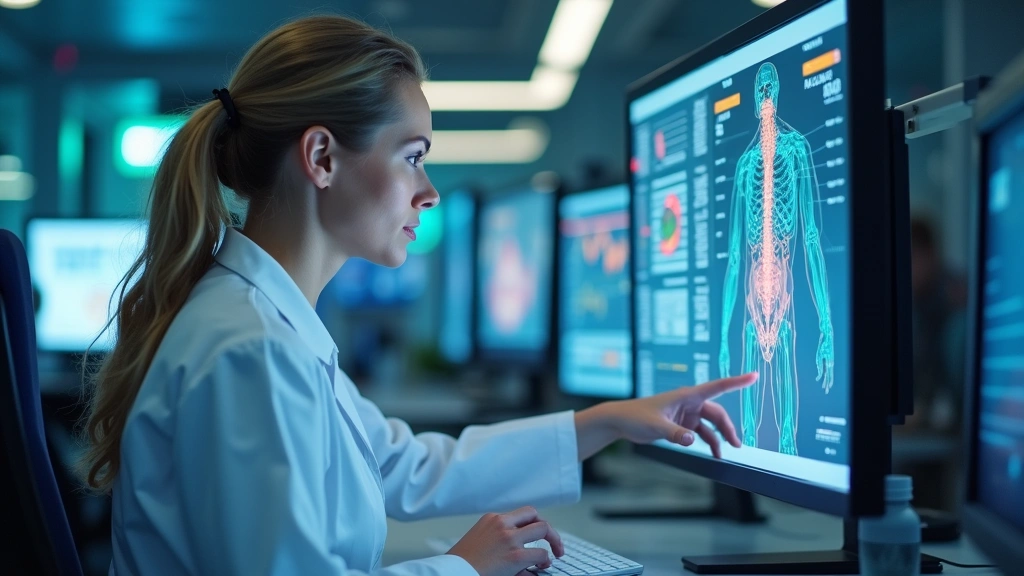 Female doctor reviewing patient data on computer monitor with AI interface elements displayed in contemporary medical office