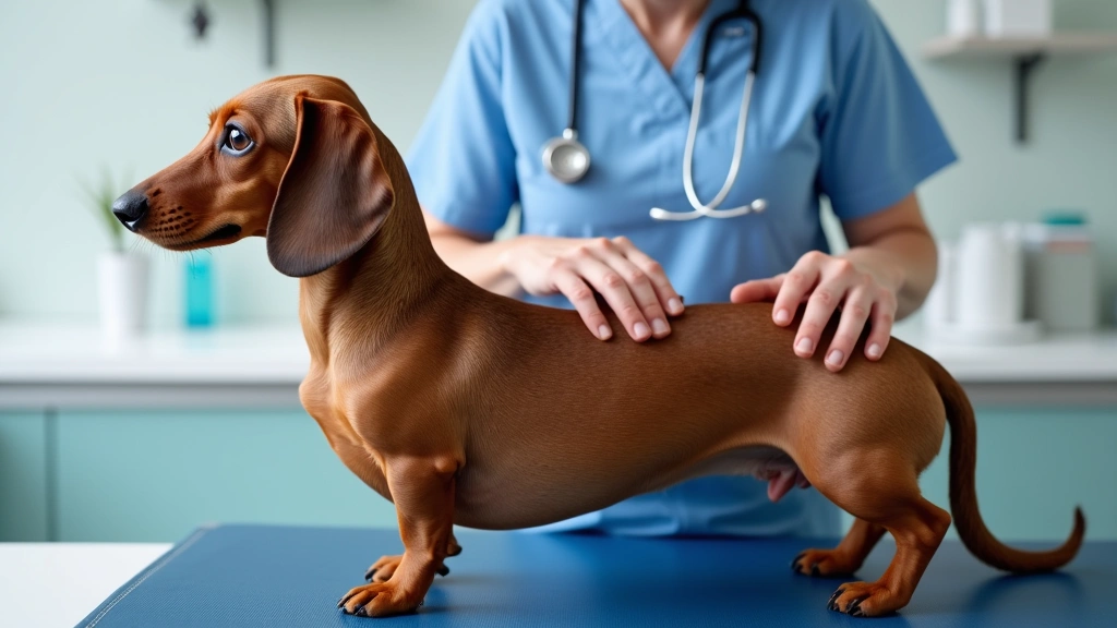 Professional veterinarian examining a dachshunds spine and back, dog on examination table with vet using hands to assess vert