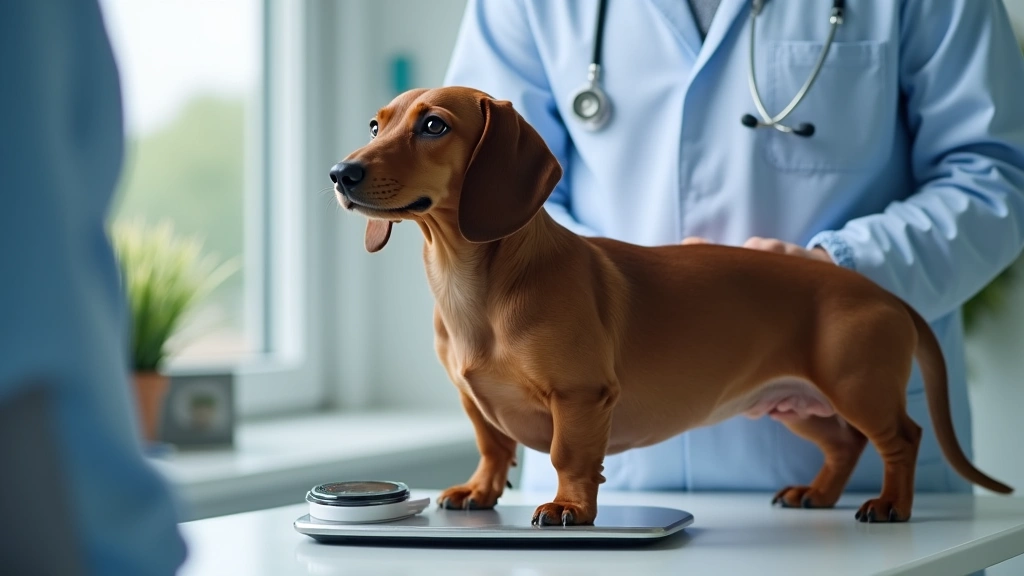 Overweight dachshund standing on veterinary scale during health checkup, vet recording weight, modern animal hospital with pr