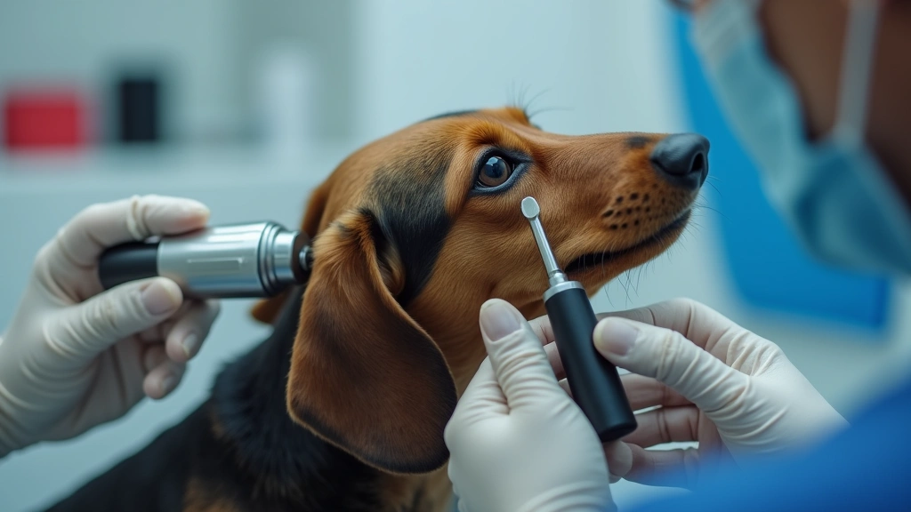 Veterinarian cleaning dachshunds ear with specialized otoscope, close-up of ear examination procedure, professional veterinar