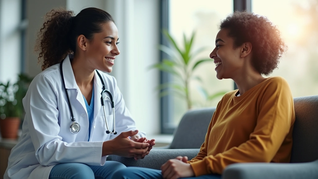 Professional healthcare provider in white coat consulting with diverse patient in modern clinic waiting room, warm lighting,