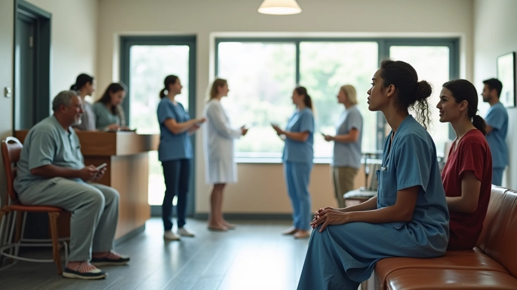 Group of diverse patients in medical clinic reception area with staff at desk, welcoming environment, natural lighting, commu