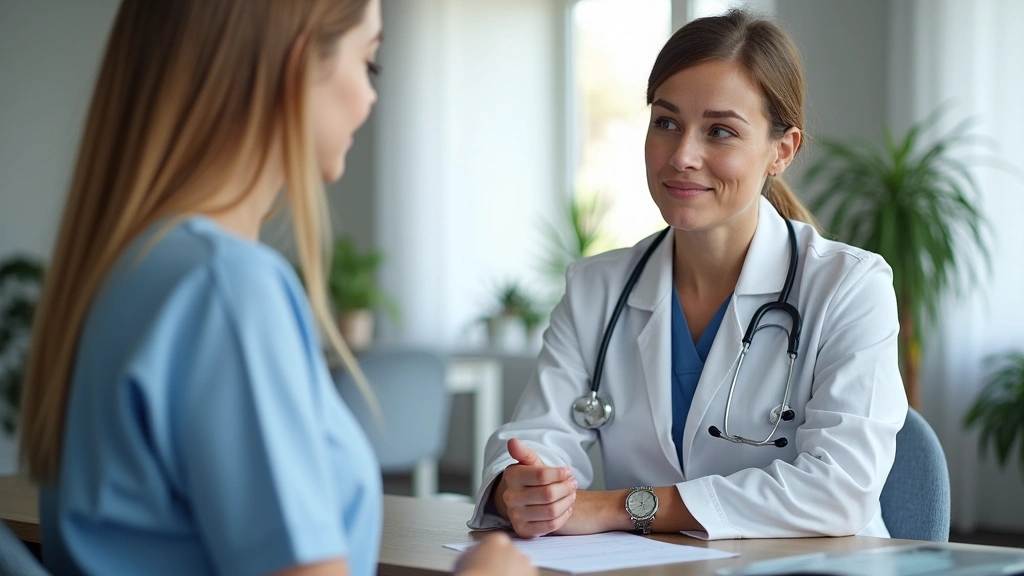 Healthcare professional discussing treatment options with patient during consultation, medical office background, supportive
