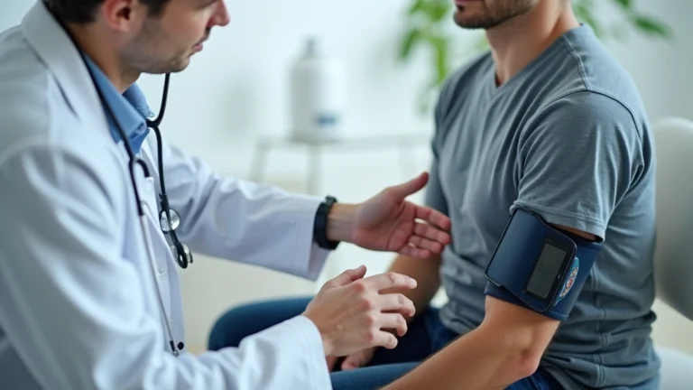 Professional healthcare setting showing doctor measuring patient blood pressure with digital monitor, patient seated calmly in clinical environment