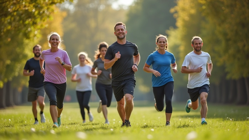 Diverse group of people exercising outdoors in park, running and stretching, showing cardiovascular fitness and active lifest