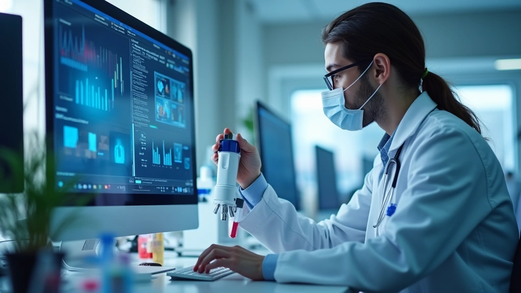 Modern medical laboratory with healthcare professional analyzing blood samples and health metrics on computer screen