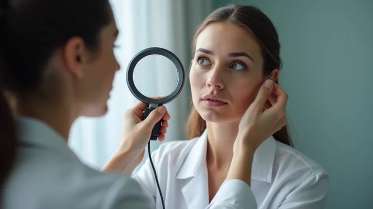 Professional dermatologist examining patient's skin with magnifying lamp in modern medical clinic, natural lighting, close-up of skin assessment