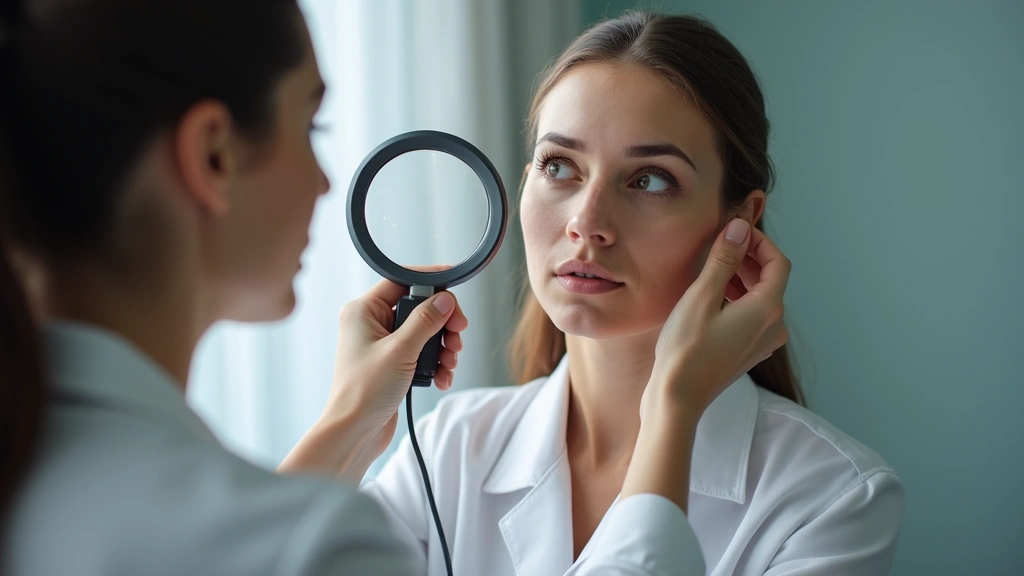 Professional dermatologist examining patients skin with magnifying lamp in modern medical clinic, natural lighting, close-up