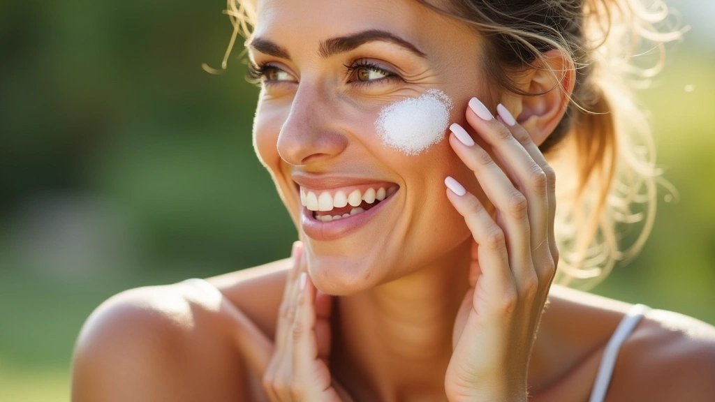 Woman applying sunscreen to face and shoulders outdoors, morning skincare routine, natural sunlight, healthy skin care demons