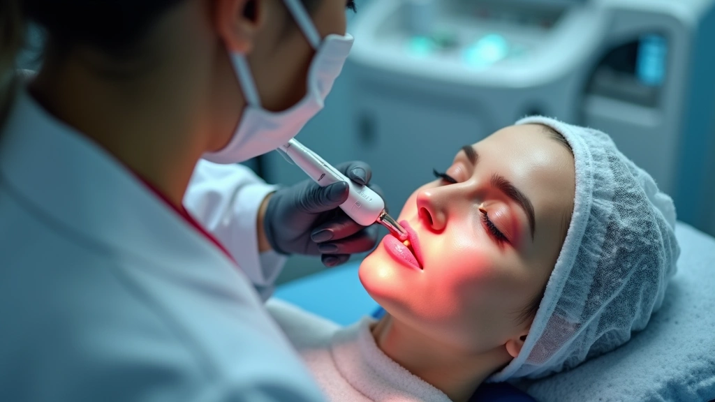 Dermatologist performing advanced laser skin treatment on patients face in state-of-the-art medical facility, professional eq