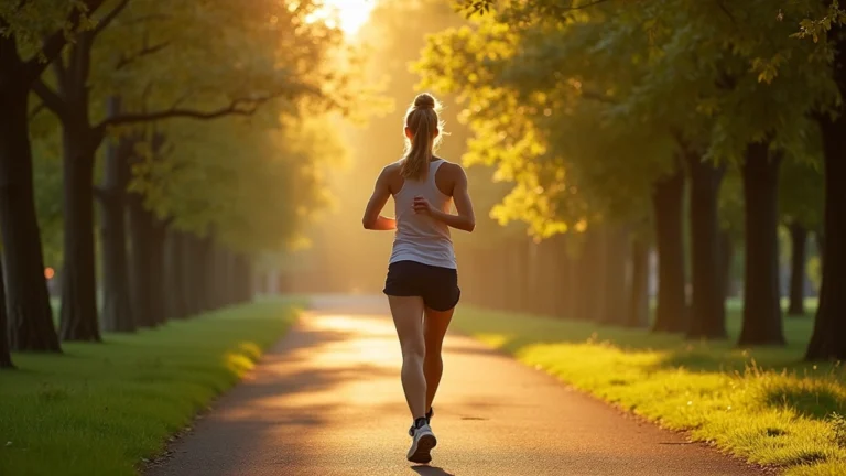 Woman jogging on tree-lined park trail at sunrise, fresh green foliage, natural lighting, peaceful outdoor environment