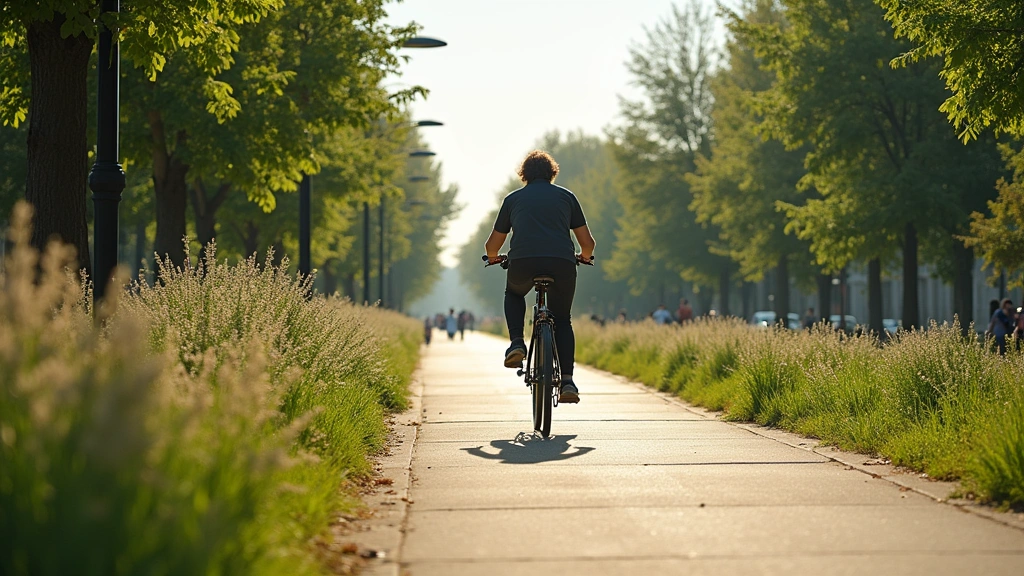 Person cycling on urban bike path through city park, green infrastructure visible, clean air, active transportation scene