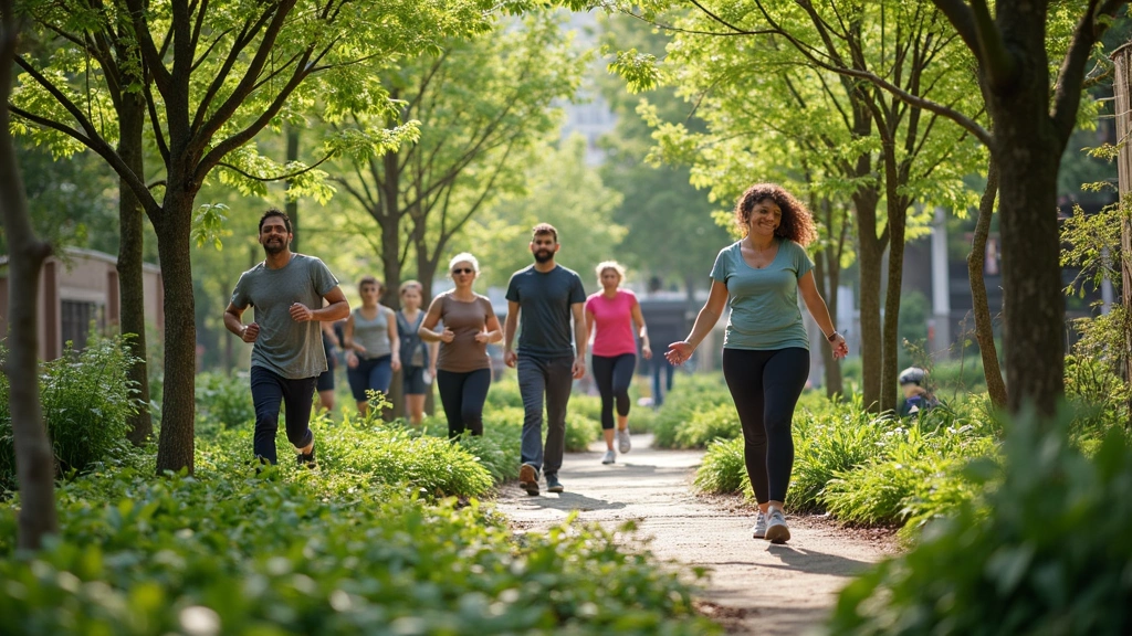 Group of people exercising in community garden green space, trees and vegetation, sustainable urban environment, wellness act