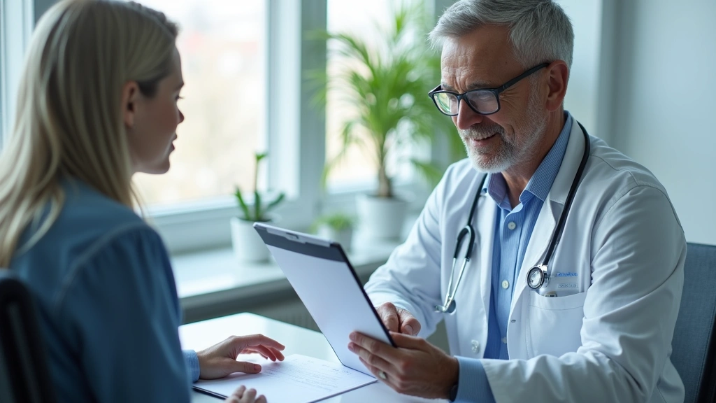 Professional healthcare provider conducting patient consultation in modern clinic examination room with digital health records