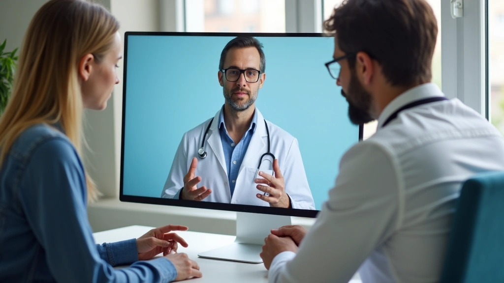 Doctor and patient reviewing health information on computer during virtual telehealth video consultation