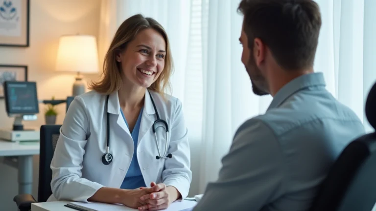 Professional gastroenterologist in white coat consulting with patient in modern clinic examination room, warm lighting, friendly interaction, medical equipment visible